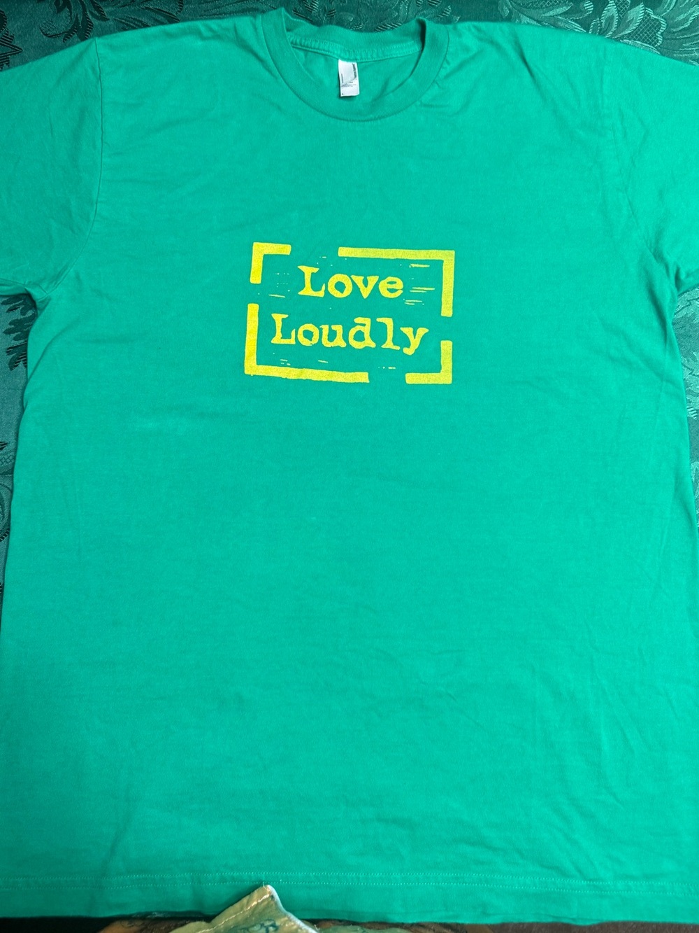 Green "Love Loudly" Graphic Tee with Yellow Print women